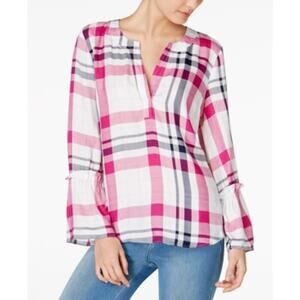 Maison Jules Plaid Split-Neck Long Sleeve Shirt